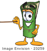 #23259 Clip Art Graphic Of A Rolled Green Carpet Cartoon Character Holding A Pointer Stick