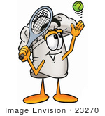 #23270 Clip Art Graphic Of A White Chefs Hat Cartoon Character Preparing To Hit A Tennis Ball