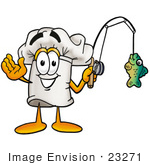 #23271 Clip Art Graphic Of A White Chefs Hat Cartoon Character Holding A Fish On A Fishing Pole