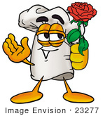 #23277 Clip Art Graphic Of A White Chefs Hat Cartoon Character Holding A Red Rose On Valentines Day