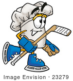 #23279 Clip Art Graphic Of A White Chefs Hat Cartoon Character Playing Ice Hockey
