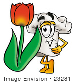 #23281 Clip Art Graphic Of A White Chefs Hat Cartoon Character With A Red Tulip Flower In The Spring