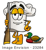 #23284 Clip Art Graphic Of A White Chefs Hat Cartoon Character Duck Hunting Standing With A Rifle And Duck