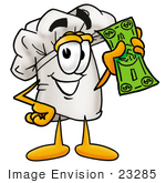 #23285 Clip Art Graphic Of A White Chefs Hat Cartoon Character Holding A Dollar Bill