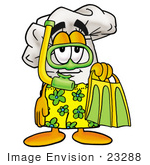 #23288 Clip Art Graphic Of A White Chefs Hat Cartoon Character In Green And Yellow Snorkel Gear