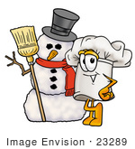 #23289 Clip Art Graphic Of A White Chefs Hat Cartoon Character With A Snowman On Christmas