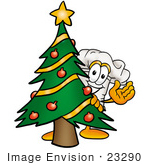 #23290 Clip Art Graphic Of A White Chefs Hat Cartoon Character Waving And Standing By A Decorated Christmas Tree