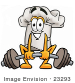 #23293 Clip Art Graphic Of A White Chefs Hat Cartoon Character Lifting A Heavy Barbell