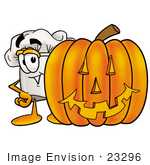 #23296 Clip Art Graphic Of A White Chefs Hat Cartoon Character With A Carved Halloween Pumpkin