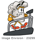 #23299 Clip Art Graphic Of A White Chefs Hat Cartoon Character Walking On A Treadmill In A Fitness Gym