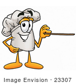 #23307 Clip Art Graphic Of A White Chefs Hat Cartoon Character Holding A Pointer Stick