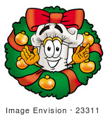 #23311 Clip Art Graphic Of A White Chefs Hat Cartoon Character In The Center Of A Christmas Wreath