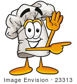 #23313 Clip Art Graphic Of A White Chefs Hat Cartoon Character Waving And Pointing