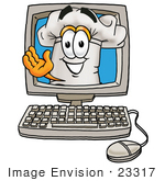 #23317 Clip Art Graphic Of A White Chefs Hat Cartoon Character Waving From Inside A Computer Screen