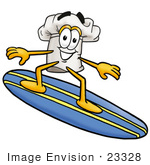 #23328 Clip Art Graphic Of A White Chefs Hat Cartoon Character Surfing On A Blue And Yellow Surfboard