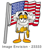#23333 Clip Art Graphic Of A White Chefs Hat Cartoon Character Pledging Allegiance To An American Flag