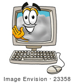 #23358 Clip Art Graphic Of A Puffy White Cumulus Cloud Cartoon Character Waving From Inside A Computer Screen