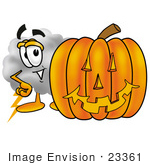 #23361 Clip Art Graphic Of A Puffy White Cumulus Cloud Cartoon Character With A Carved Halloween Pumpkin