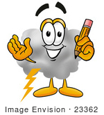 #23362 Clip Art Graphic Of A Puffy White Cumulus Cloud Cartoon Character Holding A Pencil