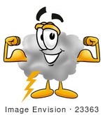 #23363 Clip Art Graphic Of A Puffy White Cumulus Cloud Cartoon Character Flexing His Arm Muscles