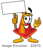 #23373 Clip Art Graphic Of A Construction Traffic Cone Cartoon Character Holding A Blank Sign