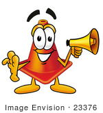 #23376 Clip Art Graphic Of A Construction Traffic Cone Cartoon Character Holding A Megaphone