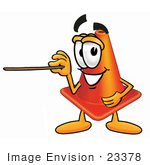#23378 Clip Art Graphic Of A Construction Traffic Cone Cartoon Character Holding A Pointer Stick