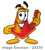 #23379 Clip Art Graphic Of A Construction Traffic Cone Cartoon Character Holding A Telephone
