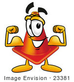 #23381 Clip Art Graphic Of A Construction Traffic Cone Cartoon Character Flexing His Arm Muscles