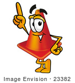 #23382 Clip Art Graphic Of A Construction Traffic Cone Cartoon Character Pointing Upwards