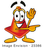 #23386 Clip Art Graphic Of A Construction Traffic Cone Cartoon Character Waving And Pointing