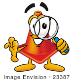 #23387 Clip Art Graphic Of A Construction Traffic Cone Cartoon Character Looking Through A Magnifying Glass