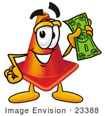 #23388 Clip Art Graphic Of A Construction Traffic Cone Cartoon Character Holding A Dollar Bill