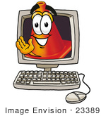 #23389 Clip Art Graphic Of A Construction Traffic Cone Cartoon Character Waving From Inside A Computer Screen