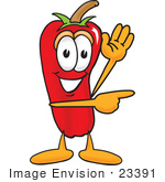 #23391 Clip Art Graphic Of A Red Chilli Pepper Cartoon Character Waving And Pointing