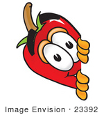 #23392 Clip Art Graphic Of A Red Chilli Pepper Cartoon Character Peeking Around A Corner