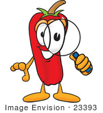 #23393 Clip Art Graphic Of A Red Chilli Pepper Cartoon Character Looking Through A Magnifying Glass