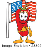 #23395 Clip Art Graphic Of A Red Chilli Pepper Cartoon Character Pledging Allegiance To An American Flag
