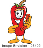 #23405 Clip Art Graphic Of A Red Chilli Pepper Cartoon Character Holding A Telephone