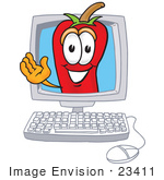 #23411 Clip Art Graphic Of A Red Chilli Pepper Cartoon Character Waving From Inside A Computer Screen