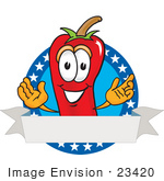 #23420 Clip Art Graphic Of A Red Chilli Pepper Cartoon Character Label With Stars