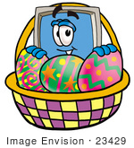 #23429 Clip Art Graphic Of A Desktop Computer Cartoon Character In An Easter Basket Full Of Decorated Easter Eggs