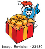 #23430 Clip Art Graphic Of A Desktop Computer Cartoon Character Standing By A Christmas Present
