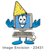 #23431 Clip Art Graphic Of A Desktop Computer Cartoon Character Wearing A Birthday Party Hat