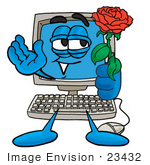 #23432 Clip Art Graphic Of A Desktop Computer Cartoon Character Holding A Red Rose On Valentines Day