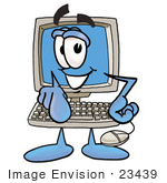#23439 Clip Art Graphic Of A Desktop Computer Cartoon Character Pointing At The Viewer