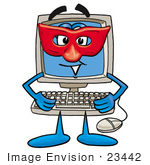 #23442 Clip Art Graphic Of A Desktop Computer Cartoon Character Wearing A Red Mask Over His Face