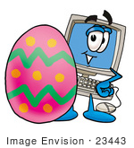 #23443 Clip Art Graphic Of A Desktop Computer Cartoon Character Standing Beside An Easter Egg