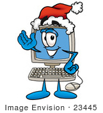 #23445 Clip Art Graphic Of A Desktop Computer Cartoon Character Wearing A Santa Hat And Waving