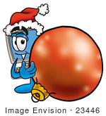 #23446 Clip Art Graphic Of A Desktop Computer Cartoon Character Wearing A Santa Hat Standing With A Christmas Bauble